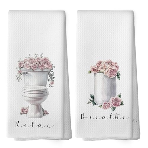 Rose Floral Bathroom Hand Towels, Cottagecore Floral Hand Towel for Bathroom Decor, Relax Breathe Farmhouse Flower Botanical Decorative Towels for Washroom Toilet 16x24 Inch Set of 2 - color: Color 09