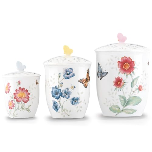Lenox Butterfly Meadow 3-Piece Canister Set, 6.60 LB, Multi | dishwasher safe | floral design | condiment containers with lids, gift for women, kitchen storage gift - style: Round Canisters, Set of 3