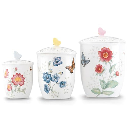 Lenox Butterfly Meadow 3-Piece Canister Set, 6.60 LB, Multi | dishwasher safe | floral design | condiment containers with lids, gift for women, kitchen storage gift - style: Round Canisters, Set of 3