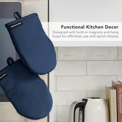 KITCHENAID Gourmet Series Gridlines Mini Oven Mitts 2-Pack Set, Heat Resistant up to 600°F, Soft Silicone Grip, Magnetic Cuff, Ink Blue, 5.5"x9" - color: Ink Blue