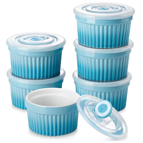 vancasso 8 oz Ramekins with Lid, Porcelain Creme Brulee Souffle Dishes, Blue Pudding Custard Cups Ramiken for Baking, Dishwasher and Oven Safe, Set of 6 - color: Blue, size: 8 oz