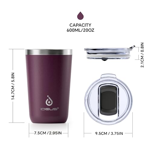 Ideus 20 oz Tumbler, Travel Coffee Mug with Splash Proof Sliding Lid, Double Wall Stainless Steel Vacuum Insulated Coffee Mug for Home and Office, Keep Beverages Hot or Cold, Red Violet - color: Red Violet