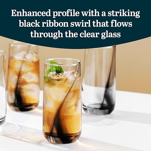 16 Oz Ascent Black Ribbon Drinking Glasses Set of 8 | Modern Black Ribbon Design, Dishwasher Safe & Easy to Clean, Durable for Everyday Dining and Entertaining - color: Ascent Black Ribbon