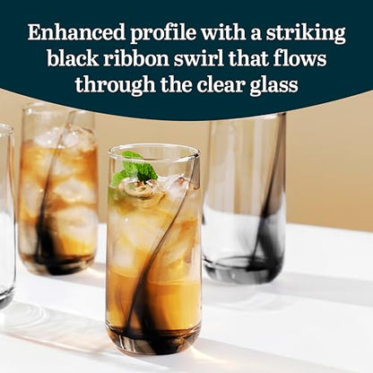 16 Oz Ascent Black Ribbon Drinking Glasses Set of 8 | Modern Black Ribbon Design, Dishwasher Safe & Easy to Clean, Durable for Everyday Dining and Entertaining - color: Ascent Black Ribbon