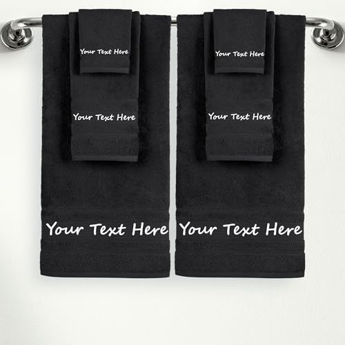 Personalized Custom 6-Piece Towel Set – Bath, Hand & Washcloth – 100% Cotton, Soft & Absorbent – Embroidered Name or Monogram – Hotel Towels for Bathroom, Spa, Hotel, Wedding & Gift – Black - color: Black, size: 6 Pcs Towel Set