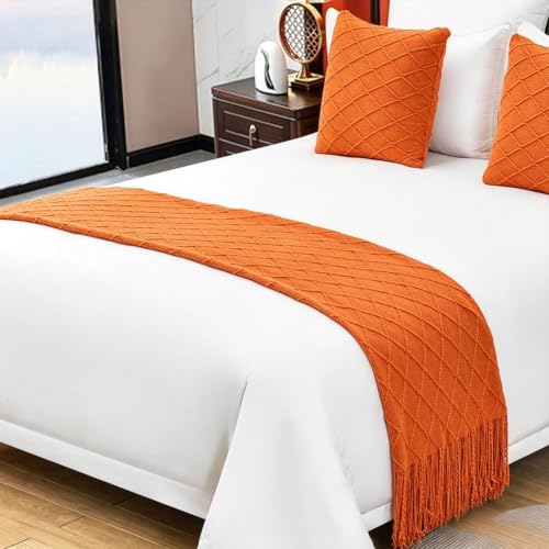 Cotton Knit Bed Runners King Size,Decorative Boho Bed Scarf with Tassel,Soft Solid Color Woven Beds Throw Blanket for Bedroom Home Hotel (Orange Diamond Shape 45x45cm/only Pillowcase) - color: Orange Diamond Shape, size: 45x45cm/only pillowcase