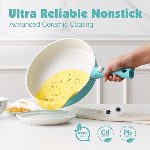SENSARTE 17 Piece Ceramic Detachable Handle Pots and Pans Set Turquoise | Ceramic Cookware Set, Induction Cookware Set with Removable Handle, Healthy Non Stick for RV, Dishwasher ＆ Oven Safe - color: Turquoise, size: 17 Piece