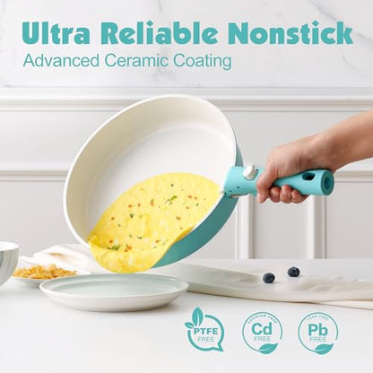 SENSARTE 24 Piece Ceramic Detachable Handle Pots and Pans Set Turquoise | Ceramic Cookware Set, Induction Cookware Set with Removable Handle, Healthy Non Stick for RV, Dishwasher ＆ Oven Safe - color: Turquoise, size: 24 Piece