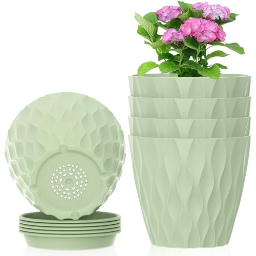 Meowell 4 inch Small Plastic Nursery Pots, 5 Pack Water Ripples Plant Pots for Indoor Plants, Flower Pots with Drainage Holes and Saucers, Seeding Starter Planters for Decorative, Green - color: Green, size: 4 in 5pcs