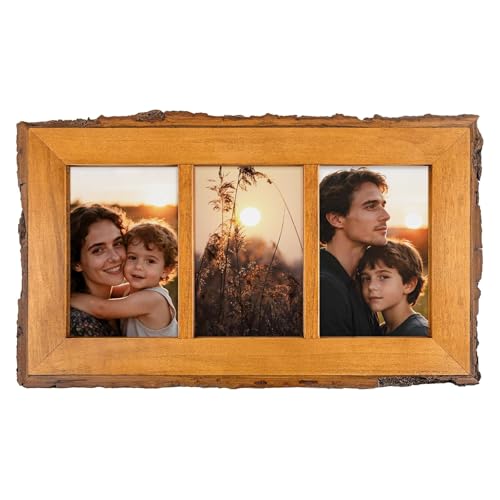 Golden State Art 4x6 Collage Picture Frame,Solid Wood&Real Glass,3 Photos | Multi Picture Frame for (3) 4x6 Photos - Natural Bark Edges Design - Farmhouse Collage Wall Decor - Rustic Brown - size: 3 Openings 4x6