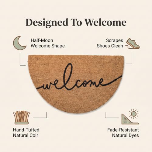 Half-Moon Welcome Doormat | 100% Natural Coir | Modern Script, Anti-Slip Backing | Semicircle Outdoor Front Door Mat - color: Warm Greeting - Arc