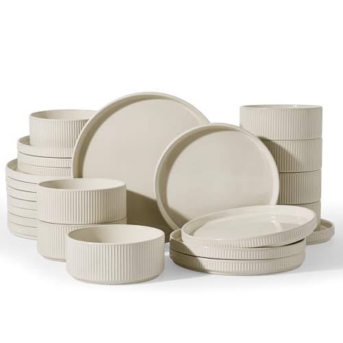 Famiware Stoneware Dishes Dinnerware Sets for 6, Ribbed Plates and Bowls | 18-Piece Ceramic Dinner Set with Lipped Edges, Chip & Scratch Resistant , Microwave & Dishwasher Safe, Daily Use, Oat White - color: Oat White, size: Service for 6