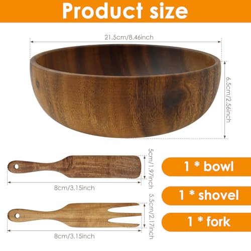 Wood Salad Bowl with Spatula and Fork, Round Serving Bowl, Large Mixing Bowls Set with Serving Utensils, Multi-functional Kitchen Serveware for Salads,Soups,Fruits,Snacks,Pasta