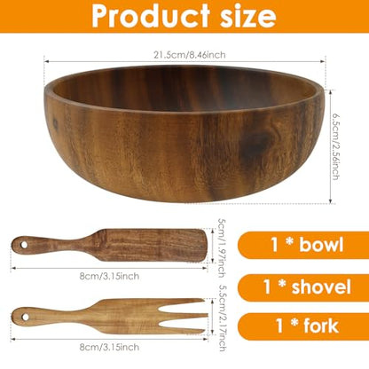 Wood Salad Bowl with Spatula and Fork, Round Serving Bowl, Large Mixing Bowls Set with Serving Utensils, Multi-functional Kitchen Serveware for Salads,Soups,Fruits,Snacks,Pasta