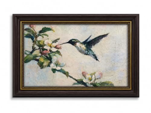 Vintage Framed Hummingbird Flowers Wall Art,Floral Bird Wall Decor | Antique Background Flower Branch Bird Painting Canvas Prints, Botanical Wildlife Picture Artwork for Living Room Bedroom - color: Hummingbird Floral, size: 16"L x 12"W