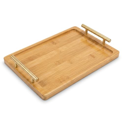 PEKER Wooden Serving Tray with Metal Handles, Black Decorative Coffee Table Tray for Breakfast in Bed, Ottoman & Home Décor, Wooden Food Tray for Kitchen - color: Bamboo