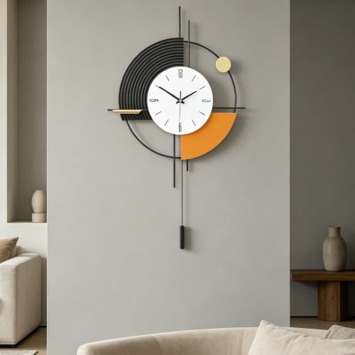 Large Wall Clock for Living Room Decor,17.7x31inch | Modern Decorative Silent Battery Clock with Pendulum for Kitchen Home Bathroom Bedroom Wall Decor - color: Black Orange