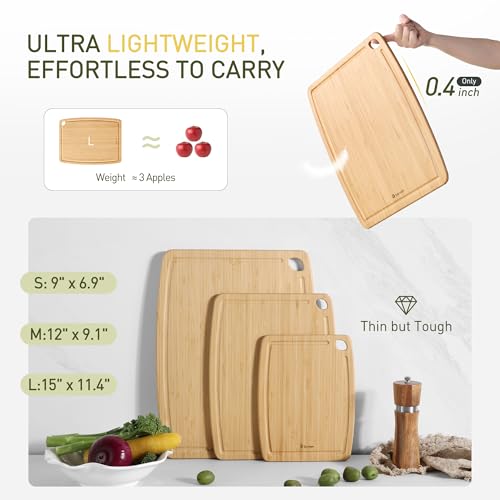 Lightweight Durable Bamboo Cutting Board Set with Non-Slip Feet, Wood Cutting Board for Busy Kitchen, Easy Clean Wooden Chopping Boards with Juice Groove Best House Warming Gift Set of 3 (S+M+L) - color: Natural Bamboo, size: Set of 3 (Small + Medium + La