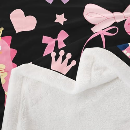 Cute Dino Kids Fleece Blanket,Kawaii Bowknot Heart Princess Style Throw Blanket for Adult,Pink Black Dinosaur Cartoon Animal Lightweight Polyester Sofa Sherpa Blanket, Queen (90 x 90 Inch) - color: 01 Black Pink, size: Queen