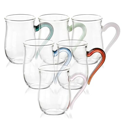 COMI Glass Coffee Cups,8oz Clear Coffee Cups Set of 6,Lightweight Glass Mugs with Colorful Handles,Heat Resistant & Explosion-Proof, Perfect for Home, Cafe, Office