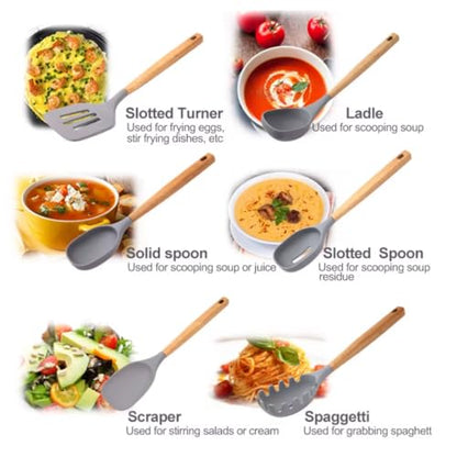 Premium Silicone Kitchen Utensil Set – 7-Piece Cooking Tools with Acacia Wood Handles and Bamboo Holder, Non-Stick, Heat Resistant, BPA-Free, Elegant Kitchen Gift (Grey -7pcs) - color: Gray