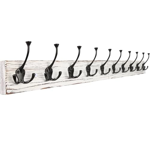 IBosins Vintage White Wall Mounted Coat Rack, 34" Long with 10 Tri-Hooks | Heavy Duty, Wooden Coat Hanger Wall Mount, Rustic Coat Hooks Rail for Entryway, Living Room, Coat, Scarf, Bag, Towel, Hat - color: Old White Plate & Black Tri-Hook, size: 1 Item-10