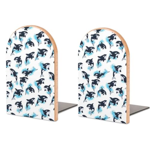 Wooden Bookends to Hold Books Decorative Bookshelf Book Ends, Cute Killer | Whale, Heavy Duty Book Stoppers, Desktop Organizer with Metal Base for Magazines, 1 Pair - color: Style(628)