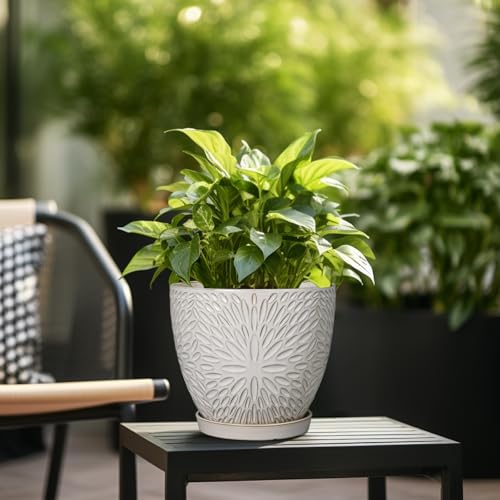 G EPGardening 10 Inch Ceramic Planter Pot, White | Drainage Hole and Saucer, Large Plant Pot, Indoor Plants Outdoor, Round Flower Pot, For Home Garden Office - size: 10 Inch