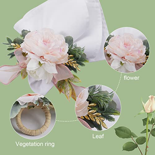 Flower Rose Napkin Rings Set of 4, Handmade Napkin Ring Holders Handcrafts Plant with Leaves Napkin Rings for Thanksgiving Day, Weddings, Family Dinners,Parties or Napkins (Pink Rose) - style: Pink rose