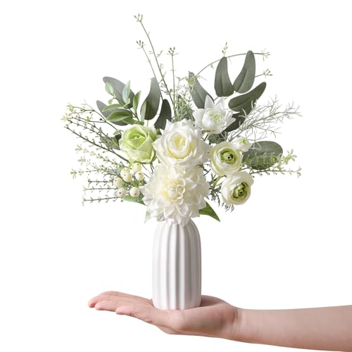 Small 11" Artificial Flowers in Ceramic Vase - White Green Silk Flower Centerpiece for Dining Table, Office, Wedding & Farmhouse, Home Decor Gifts - color: White Green