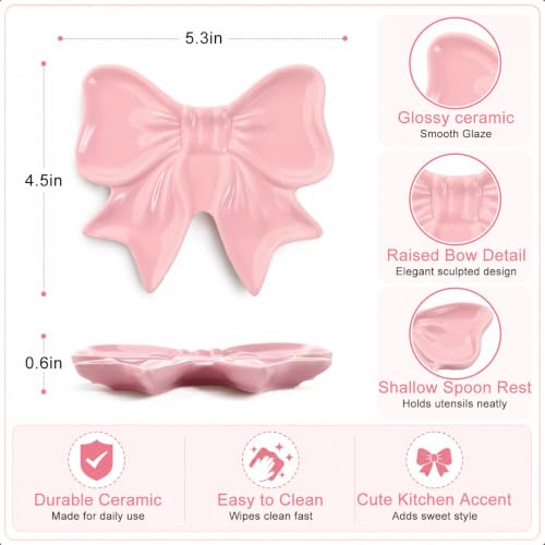 Pink Bow Spoon Rest for Stove Top, Cute Ceramic Spoon Holder | Kitchen Countertop, Coquette Utensil Rest, Sweet Kitchen Decoration, Women Cooking, Housewarming Gift, 5.3 x 4.5 Inches - style: Bow