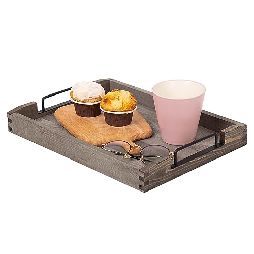 Country Rustic Torched Wood Nesting Breakfast Serving Trays with Handles, Set of 3 (Dark Grey) - color: Dark Grey