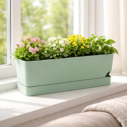 Party Zealot Window Boxes Planters, 3 Pack Self Watering Pots for Indoor Plants 17 Inch Rectangular Planter Rectangle Flower Pots Long Plant Pot Large Window Sill Herb Planter Box, Green - color: Green