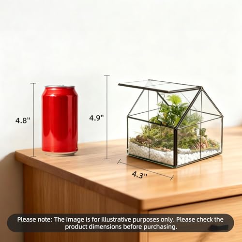House Shape Glass Terrarium Planter with Swing Lid Black Frame | Black metal frame transparent glass panel, suitable for DIY planting of small succulent plants and mosses - size: 4.3"L x 4.3"W x 4.9"H