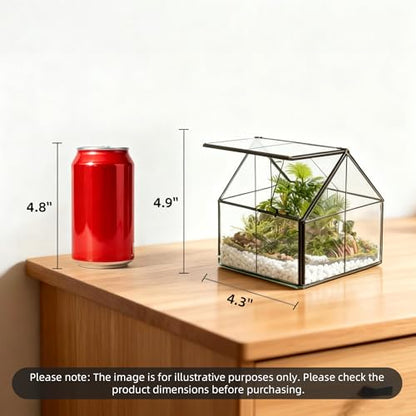 House Shape Glass Terrarium Planter with Swing Lid Black Frame | Black metal frame transparent glass panel, suitable for DIY planting of small succulent plants and mosses - size: 4.3"L x 4.3"W x 4.9"H