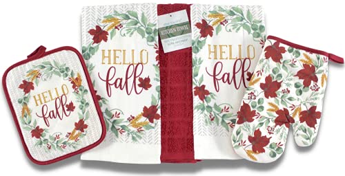 Farmhouse Fall Autumn Harvest Kitchen Hand Towels and Pot Holder Set: Hello Fall Red Burgundy Wine White Green Falling Leaves Design - color: Autumnleaves