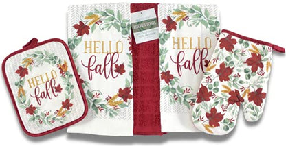 Farmhouse Fall Autumn Harvest Kitchen Hand Towels and Pot Holder Set: Hello Fall Red Burgundy Wine White Green Falling Leaves Design - color: Autumnleaves