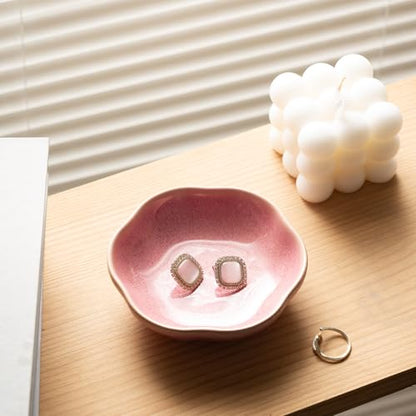 BEUNAIZER Ceramic Ring Dish, 4.3 in Flower Jewelry Tray with Raised Sides | Deep flower shape helps hold more small items and reduces the chance of jewelry sliding out. - color: pink