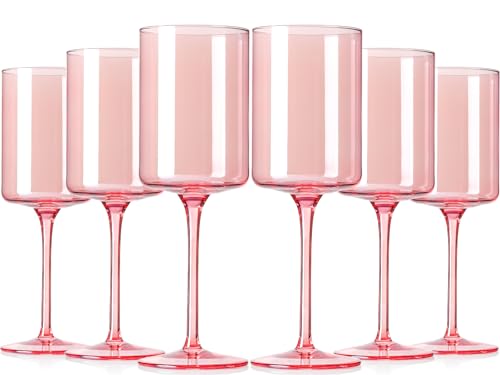 Pink Wine Glasses - Hand Blown Square Colored Wine Glasses with Long Stems, Set of 6 - 14oz Each, Ideal for All Occasions - color: Pink