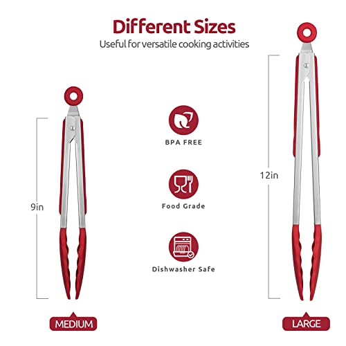 U-Taste 9+12 inch 600ºF Heat Resistant Silicone Kitchen Tong Set of 2 and 600ºF Heat Resistat Silicone Flexible Baking Spoon Spatula & Cooking Scoop Spoonula (Red)
