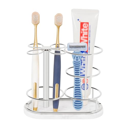 Toothbrush Holder Stand for Bathroom, Metal Toothbrush Organizer with Marble Base, Toothbrush Storage Collection for Family, Suitable for Home Hotel Countertop Vanity (Medium, Chrome Finish) - color: Chrome Finish, size: Medium