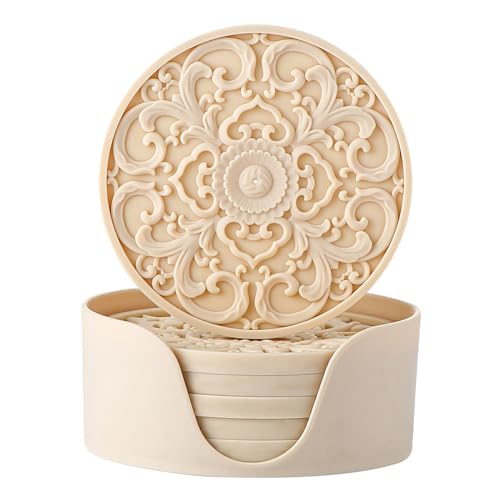 Colinda Silicone Coasters - Set of 6 with Holder, Non-Slip Cup Mats for Hot and Cold Drinks, Decorative Designs, Gift Ready Packaging,Beige - color: Beige