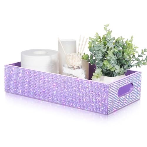 Honeydak Bling Rhinestone Bathroom Basket with Handle 13" x 6" x 3" Toilet Tank Tray, Crushed Diamond Bathroom Decor Accessories, Back of Toilet Storage Organizer, Sparkly Gifts for Women (Purple) - color: Purple, style: Rhinestone
