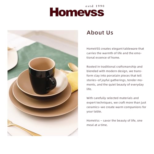 HomeVss Stoneware Two-Tone Colors Life 12pc Dinner Set， Outside Shiny Black + Inside Matte Glaze Warm Beige - color: Warm Beige, size: 12pc Set