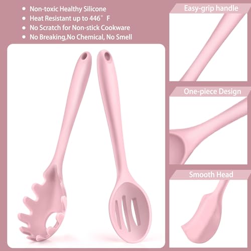 P&P CHEF Pink Kitchen Utensils, Silicone Cooking Utensil Set of 7 | Soft Spatula for Nonstick Cookware, Slotted Turner, Soup Ladle, Pasta Server, Spoon for Cooking, Dishwasher Safe & Heat Proof - color: Pink