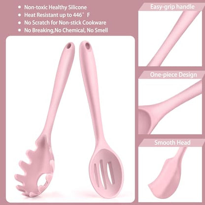 P&P CHEF Pink Kitchen Utensils, Silicone Cooking Utensil Set of 7 | Soft Spatula for Nonstick Cookware, Slotted Turner, Soup Ladle, Pasta Server, Spoon for Cooking, Dishwasher Safe & Heat Proof - color: Pink