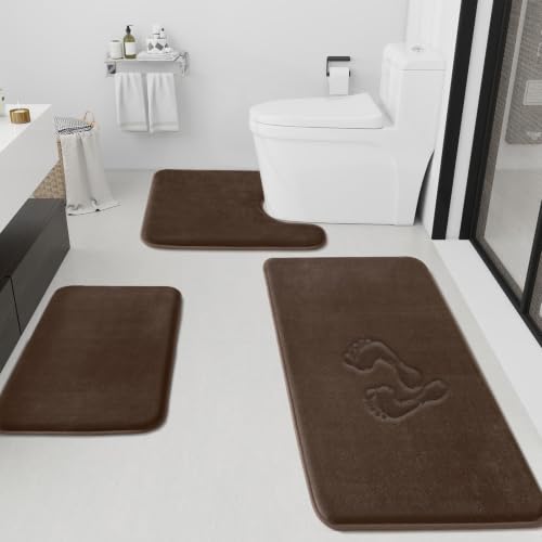 Bathroom Rugs Sets 3 Piece, Non-Slip & Quick Dry Bath Mat Set, Ultra Soft Velvet Bath Rugs for Bathroom, Toilet and Shower Floor, Brown - color: Brown, size: 17"x24"+20"x48"+U Shape 20"x24"