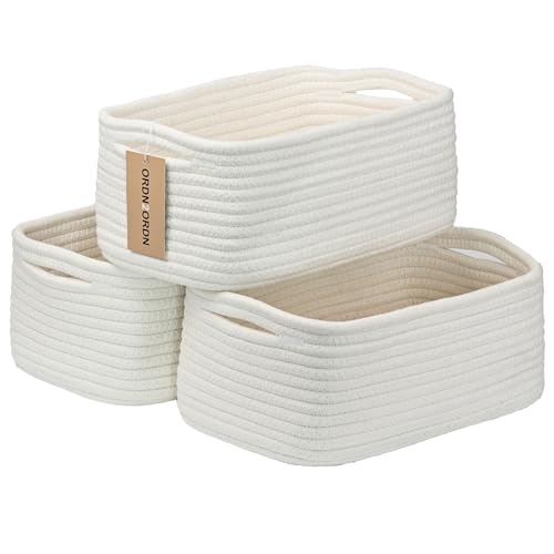 3Pack Small Woven Storage Baskets for Shelves Organizing | Cotton Rope Closet Organizer Bins, Basket for Gifts Empty, Nursery, Living room, Dog Toy Basket 11x7.5x4.5 in, White - color: White, size: S