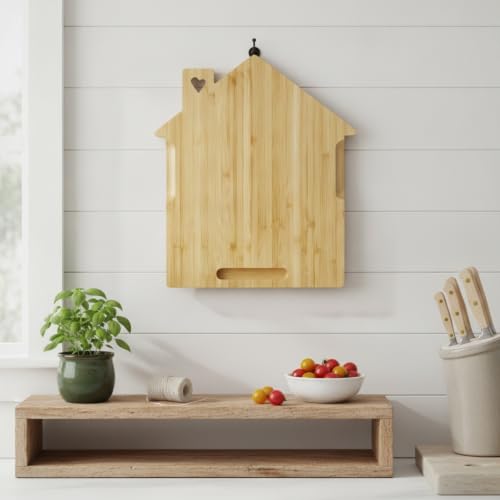 Solid Natural Bamboo Cutting Board, House-Shaped Wood Chopping Block for Kitchen Prep and Serving with Hanging Hole, 9.8 x 11 Inches
