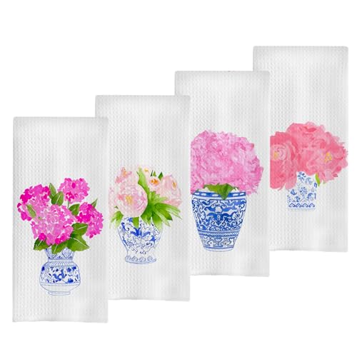 Chinoiserie Vase Dish Towels Set - Chinoiserie Waffle Weave Kitchen Towels, Chinoiserie Tea Towels Hand Towels for Bathroom, Blue and White Decor for Kitchen Bathroom (16×24 Inches Set of 4) - color: Chinoiserie-8